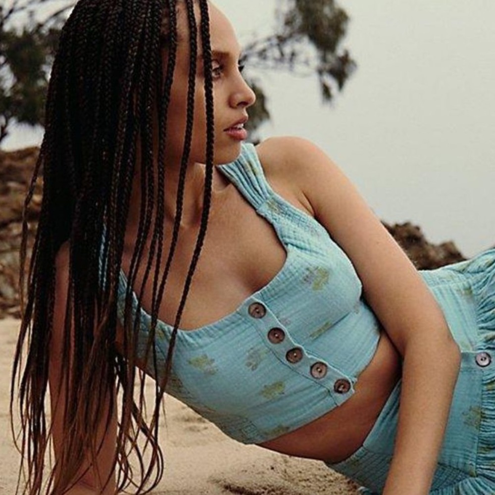 Free People Aqua Blue Cropped Button Tank Top - Picture 2 of 7
